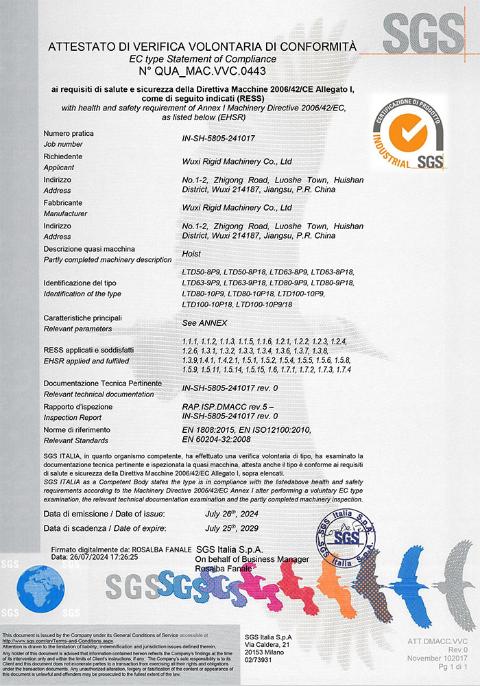 Elevator SGS-certifikat QUA MAC.VVC.0443_IN-SH-5805-241017